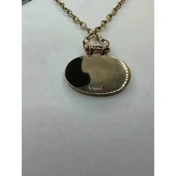 Monet Gold Tone Multicolor Oval Pendant Necklace Enamel Inlay Vintage - Picture 3 of 5